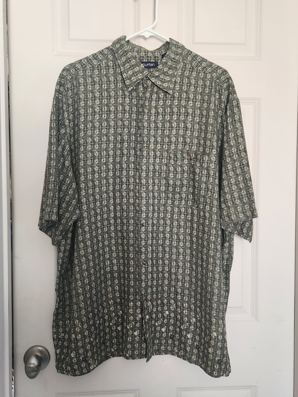 Puritan Olive Green Short Sleeve Button-Down with Geometric Print